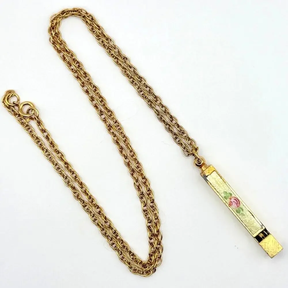 Vintage Floral Enamel Bar Whistle Pendant Necklace Gold Tone Functional 25" - Picture 3 of 11